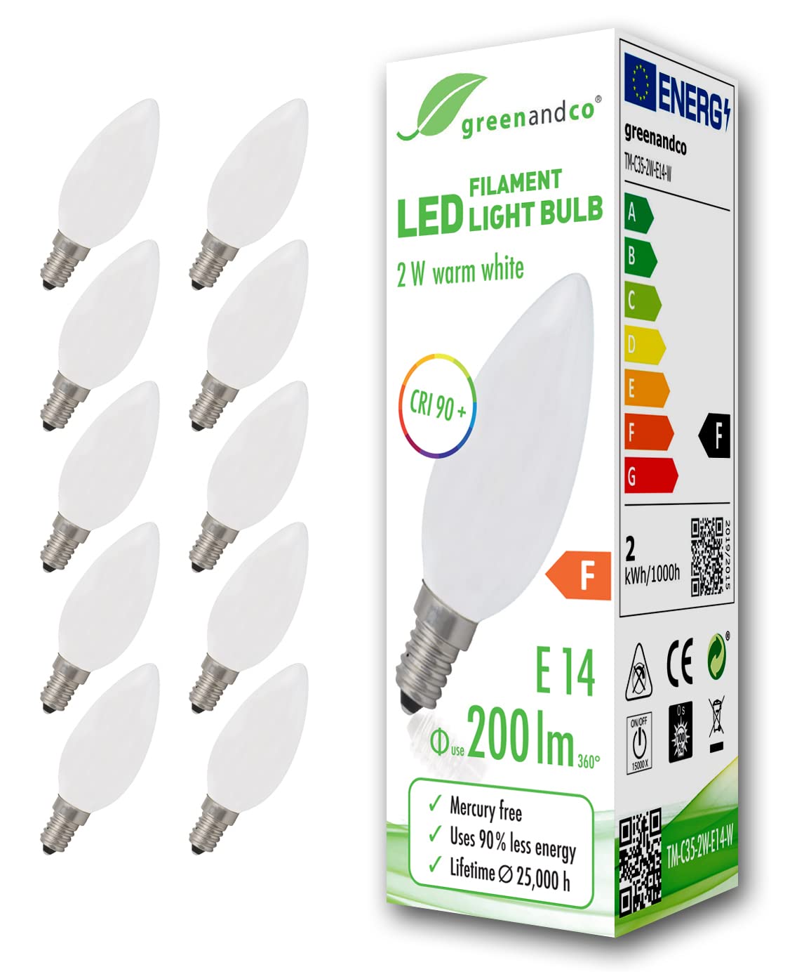 greenandco® CRI 90+ E14 LED Filament Candle Frosted 2W Replaces 20W 200lm 2700K Warm White 360° 230V, no Flicker, not dimmable, 10-Pack