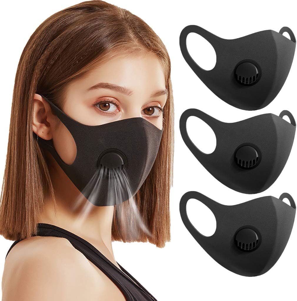 3pcs Reusable Washable Face Respirator with Filters Breather Valve for Adults, Dustproof Máscara Windproof PM2.5 Foggy Haze Pollution Coronávirùs Virüs Flü Germ Protection 口罩 (Black, 3)