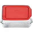 Pyrex Basics 3 Quart Glass Oblong Baking Dish with Red Plastic Lid -13.2 INCH x 8.9inch x 2 inch