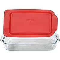 Pyrex Basics 3 Quart Glass Oblong Baking Dish with Red Plastic Lid -13.2 INCH x 8.9inch x 2 inch