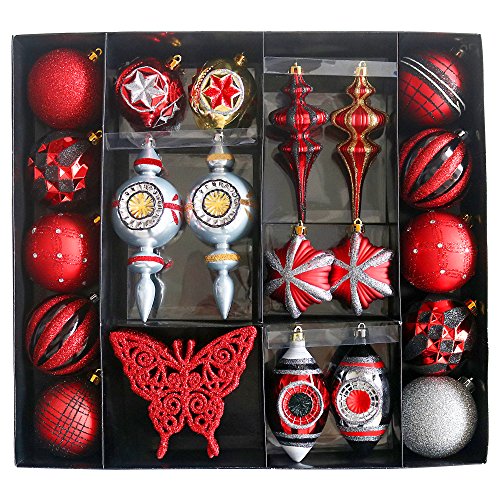 Valery Madelyn 50ct Trendy Red and Black Shatterproof Christmas Ball Ornaments Decoration, 70-165mm/2.75-6.49inch, 50 Pcs Metal Hooks Included, Themed with Tree Skirt(Not Included)