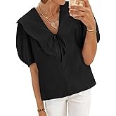 Cicy Bell Womens Peter Pan Collar Button Down Shirts Puff Short Sleeve Summer Casual Eyelet Tops Cotton Loose Fit Blouses