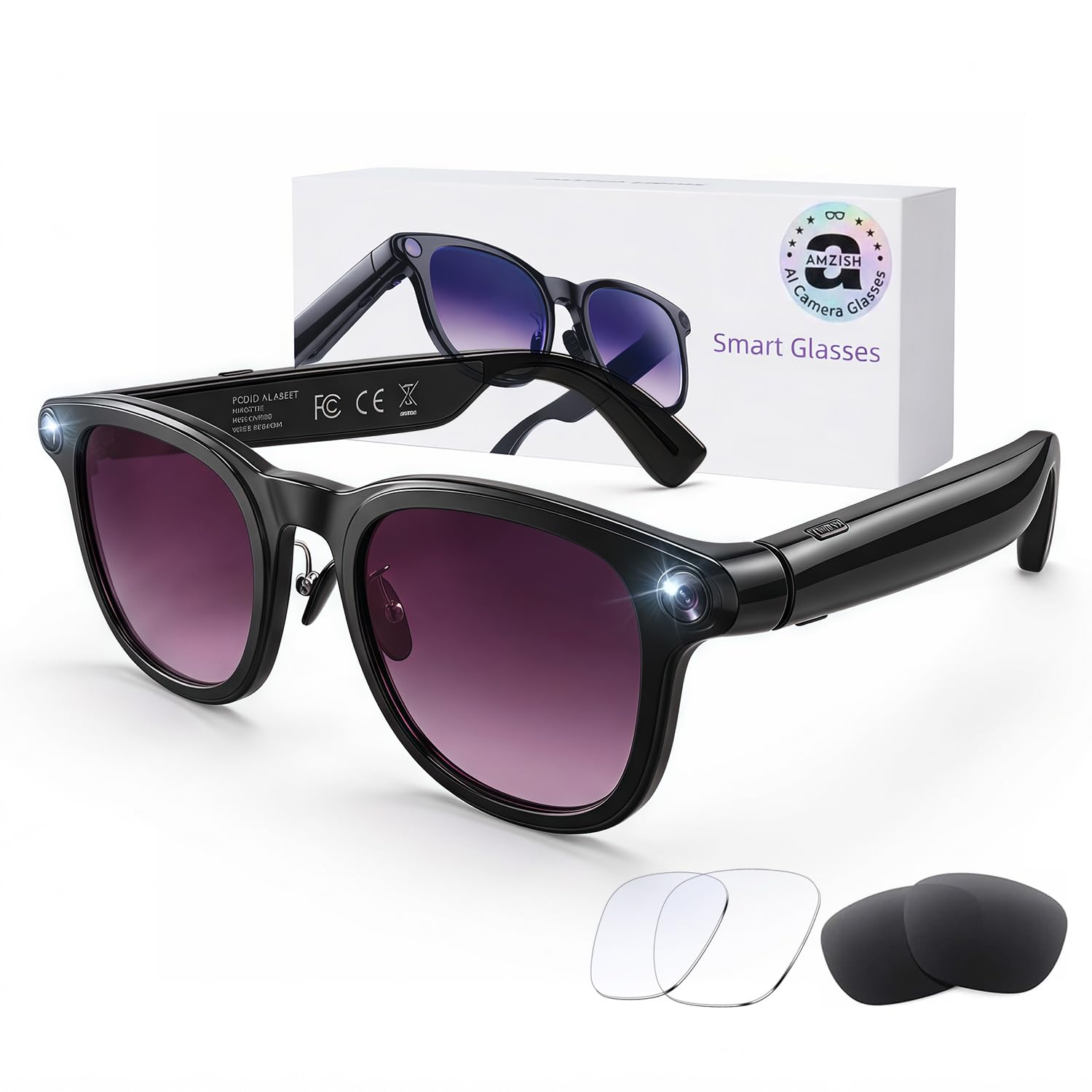 Photo 1 of AI Smart Glasses with Camera, 8MP HD Bluetooth Camera Glasses, 1080P Video Recording Sunglasses for Women Men, Real Time Translation, Voice Assistant, Open-Ear Audio for Travel, Work Vlog (3 lenses)