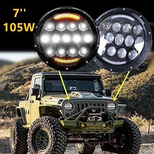 Flux Utmost 2PCS 105W OSRAM 7 Inch LED Headlight White/ Yellow DRL Turn Signal Halos for Jeep Wrangler JK CJ TJ Harley Daymaker