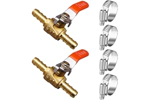 Horiznext 3/8 inch brass mini shut off ball barb valve for water fuel hose gas line rv air tubing, straight inlet manifold petcock 3/8 fuel shut off valve (2pcs with clamps kit)