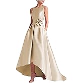 Elegant A Line Champagne Evening Dresses for Women Polyester Round Neck Formal Gowns with Pockets Long Ruffled Cocktail Party Dress for Women US10