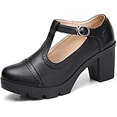 DADAWEN Women's Classic T-Strap Platform Mid-Heel Square Toe Oxfords Dress Shoes