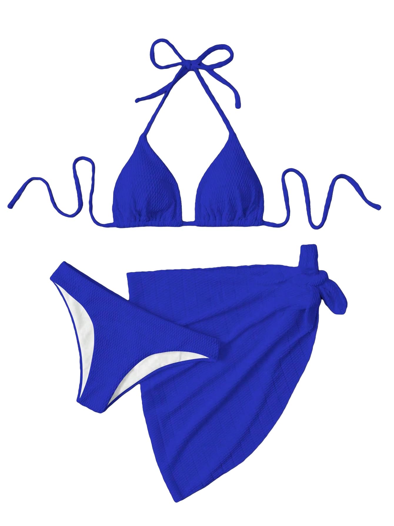 Photo 1 of SHENHE Women's 3 Piece Textured High Cut Halter Triangle Bikini Swimsuit with Cover Up Royal Blue Medium