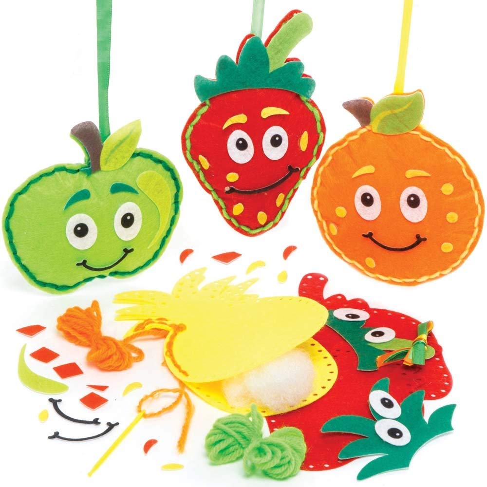 Baker Ross FE477 Fruit Sewing Decoration Craft Kits - Pack of 4, Sewing Set for Children, Creative Activities for Kids, Ideal Arts and Crafts Project