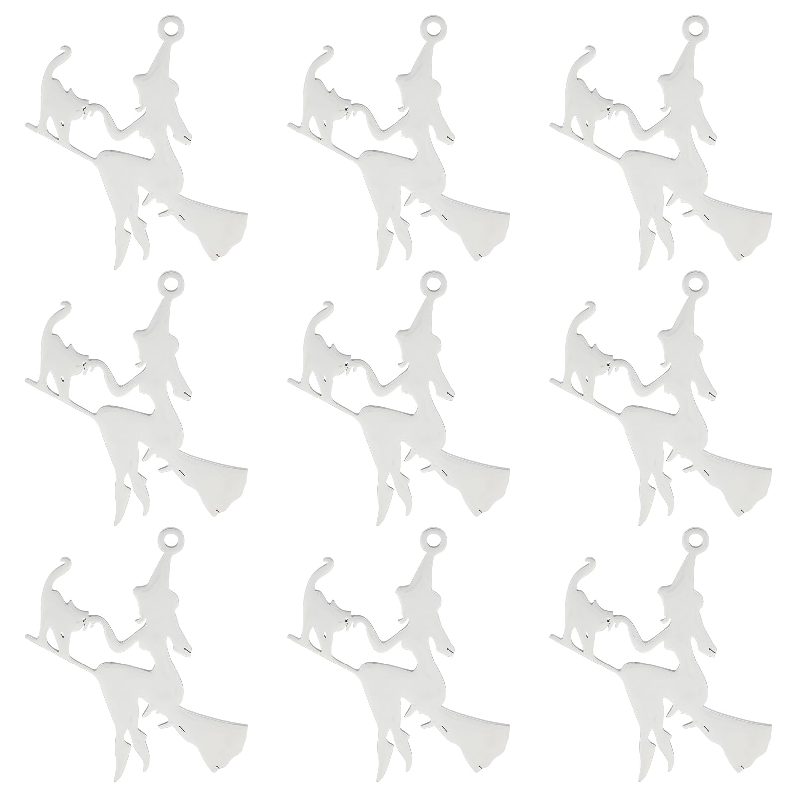 SUNNYCLUE 1 Box 10Pcs Stainless Steel Halloween Charms Witch Charm Wizard Hat Charms Laser Cut Magic Fairy Flying Broom Charm Broomstick Cat Charms for jewellery Making Charm Earrings DIY Supplies