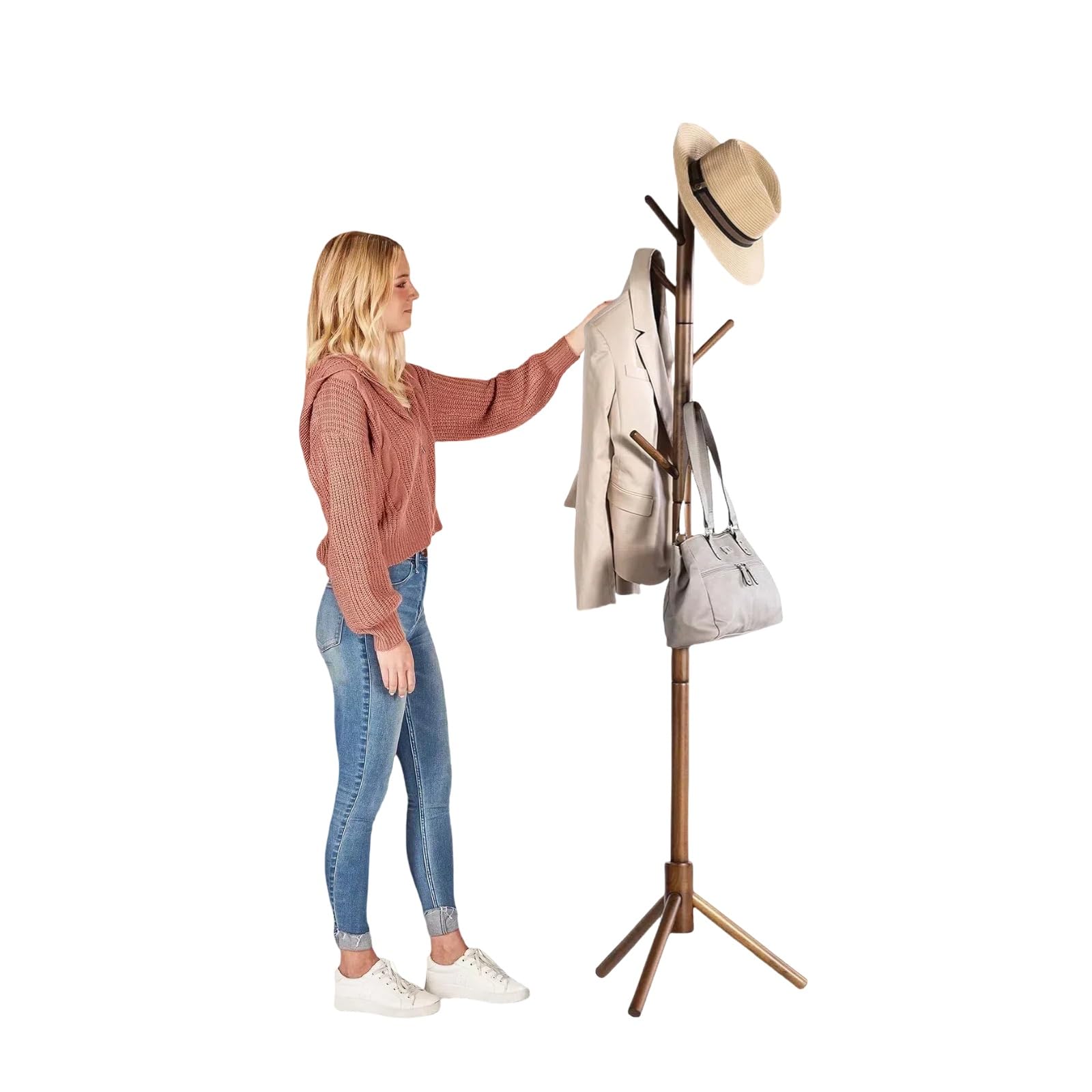 MEILEWLE Coat Stand, Coat Rack Freestanding, Coat Tree, w/ 6 Hooks and 3 Adjustable Size Solid Wood Coat Rack Stand easy to assemble for Bedroom, Hallway, Entrance, Office, for Hat,Coats (Vintage)