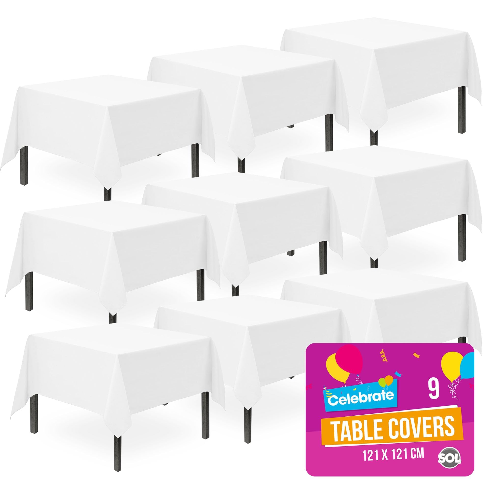 SOL 9pk White Table Cloth Party 121x121cm Plastic Cover Tablecloth Disposable for Parties - Thick Full Coverage Heavy Duty Spill Protection - For Supplies Decorations, Kids Birthdays, Weddings Buffet