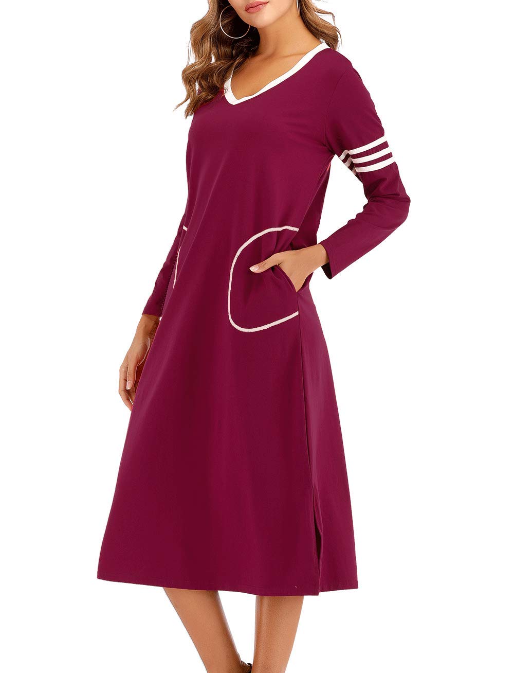 AOVXO Long Nightgown Womens V Neck Long Sleeve Nightshirt Ultra-Soft Cotton Fabric Split Hem Design with 2 Side Deep Pockets (Wine Red, 2XL)