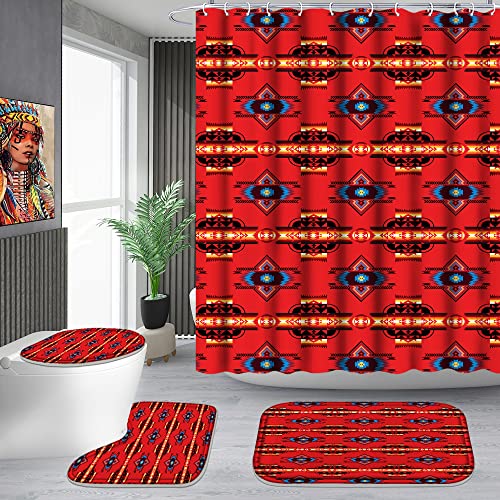 Poedist 4Pc Stripe Bathroom Shower Curtains Set,Red Tribal Geometric Shower Curtain,Fashion Bathroom Sets with Rugs(Bath Mat,U Shape & Toilet Lid Cover Mat) with 12 Hooks