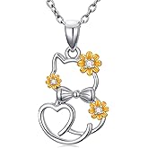 Zorlioy Diamond Cat Necklace for Women 925 Sterling Silver Flower Cat Pendant with Lab Grown Diamonds Jewelry Gifts