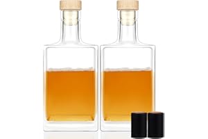 Liengoron 2Pack 25 oz Glass Bottles with Lid 750 ml Clear Empty Glass Bottles with Cork Square Glass Bottles with Heavy Base Glass Bottles with Cap for Liquor Vodka Brandy Whiskey Beer Water Soda