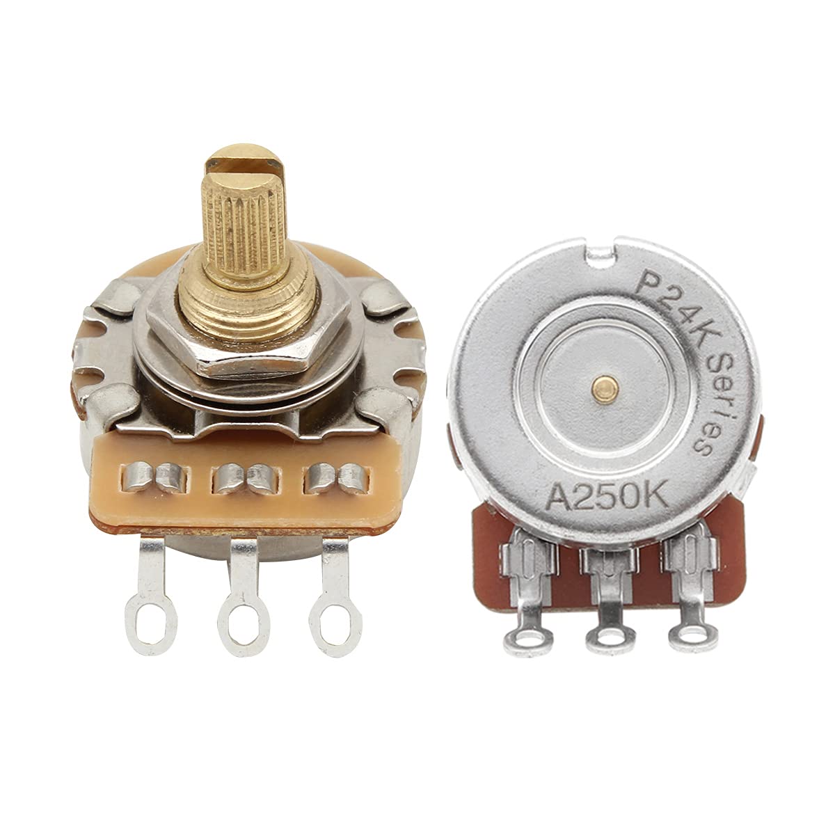 FLEOR Short Brass Shaft Control Pots A250K Audio Taper Potentiometers 24 Spline Split Shaft D3/8" for Electric Guitar Control Volume Tone, Pack of 2