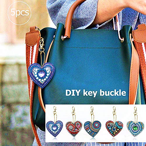HuaCan 5 Pack DIY 5D Diamond Painting Keychain Round Drill Heart Keyring Crystal Rhinestone Bag Pendant Cross Stitch Mosaic Arts Craft Paint by Number Kits for Kids Adults