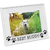 Isaac Jacobs 4” x 6” Resin Sentiments Dog Best Buddy Picture Frame, Horizontal Keepsake Photo Frame with Easel and Hanging Tabs for Tabletop, Desktop & Wall Display, (White)