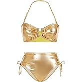 MakeMeChic Women's 2 Piece Gold Bikini Sets Metallic High Waisted Ruched Halter Tie Side Swim Bathing Suit
