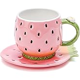 Noviko Ceramic Tea Cup and Saucer Coffee Mug Strawberry Coffee Cup with Saucer - 8 Ounce (Pink)