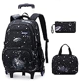 3Pcs Black Galaxy Boys Rolling Backpack Set with Insulated Lunch Bag, Multi-Pocket Trolley Elementary Bookbags School Bags on 6 Wheels
