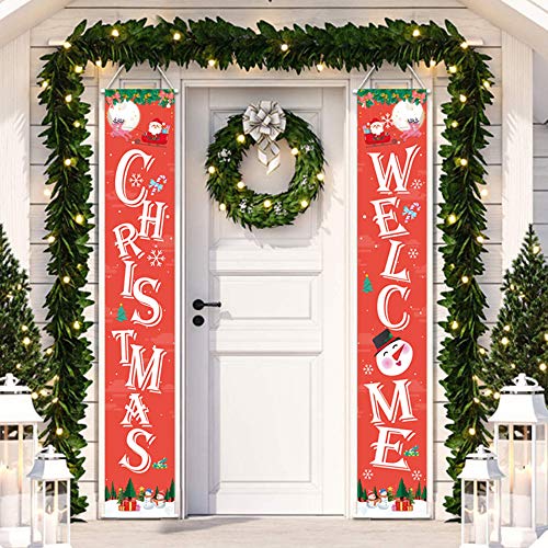 Directtyteam Christmas Porch Sign, Welcome and Christmas - Xmas Hanging Christmas Banners for Holiday Home Indoor Outdoor Porch Wall Door Curtain Decoration