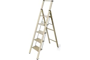 flygeneral 5 Step Ladder, Gold Aluminum Folding Ladder Stool, Wider Upgraded Non-Slip Treads, Portable Lightweight Ladder for Home and Kitchen, Holds up to 330 Lbs.
