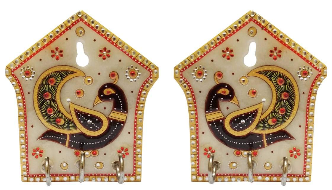 Purpledip Marble Key Hooks 'Dancing Peacocks' (Set of 2): Unique Indian Wall Decor Souvenir (11565)