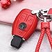 Womens Red Genuine Leather Key Case Cover Shell for Mercedes-Benz 3-Button Keyless Entry Remote Control Smart Car Key Protection Fob Skin Cover Etui with Braided Key Chain & Key Rings
