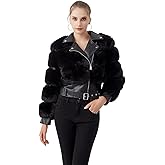 GRAN ORIENTE Women's Moto Style Cropped Faux Fur Jacket,Faux Leather Belted Biker Coat,Zip Up Plush Winter Outerwear
