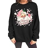 Tewmeu Christmas Sweatshirts for Women Funny Merry Christmas Graphic Tops Oversized Cute Long Sleeve Shirts Winter Gifts