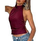 Passec Open Back Halter Tops for Women Bow Tie Back Ruched Ruffle Crop Tops Smocked Y2K Going Out Camisoles