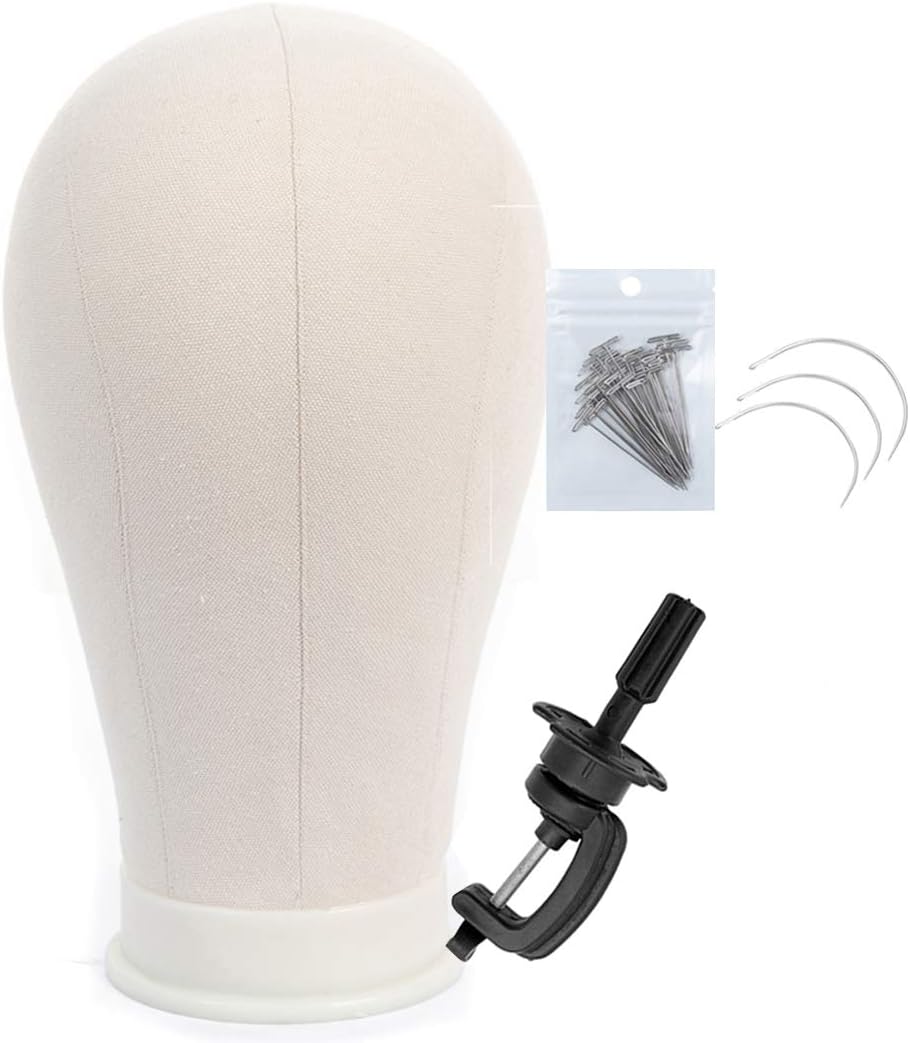 Wig head Mannequin Canvas Block Manikin Head with Stand for Wigs Making Display Styling 22 Inch (Cork Head+T-Pins+Clamp Stand +Curved Needles)