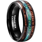 TUTISS 8mm Silver/Black/Gunmetal/Rose Gold Tungsten Rings for Men Women Engagement Wedding Bands Koa Wood Green Opal Inlay Domed I Love You Engraved Comfort Fit