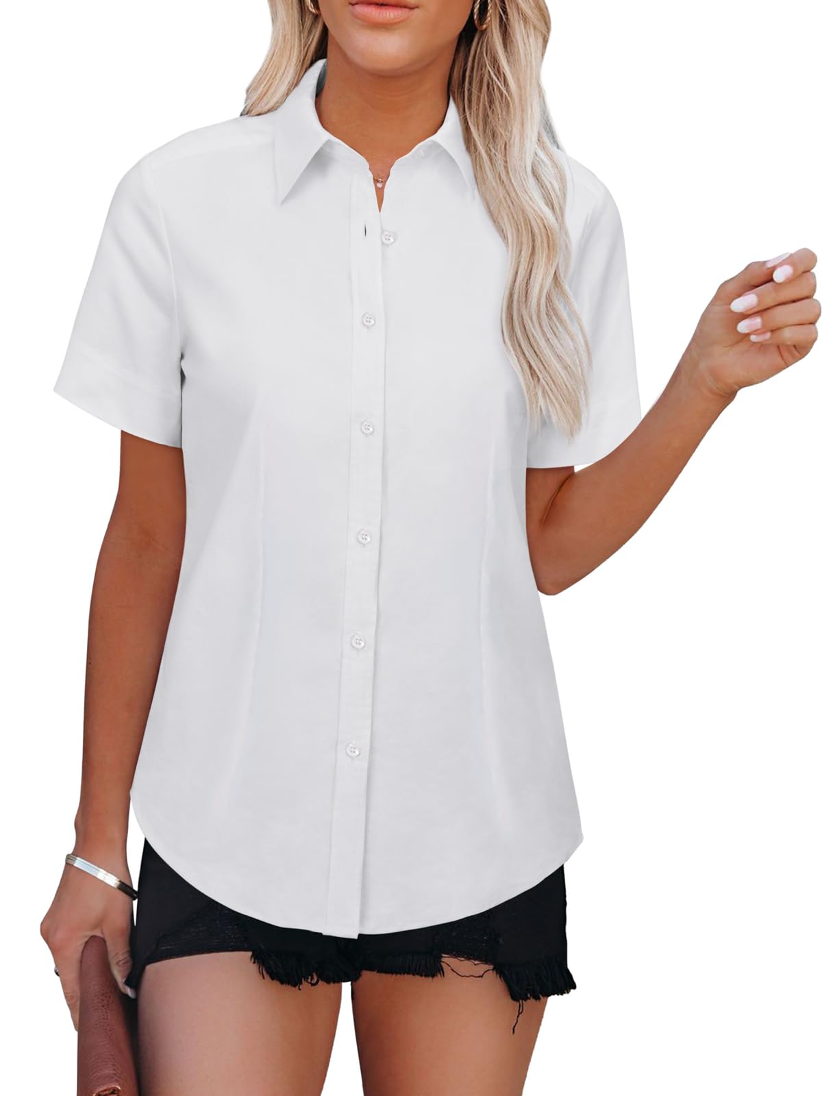 Womens Button Down Shirts Short Sleeve Fitted Button Up Dress Shirt ...