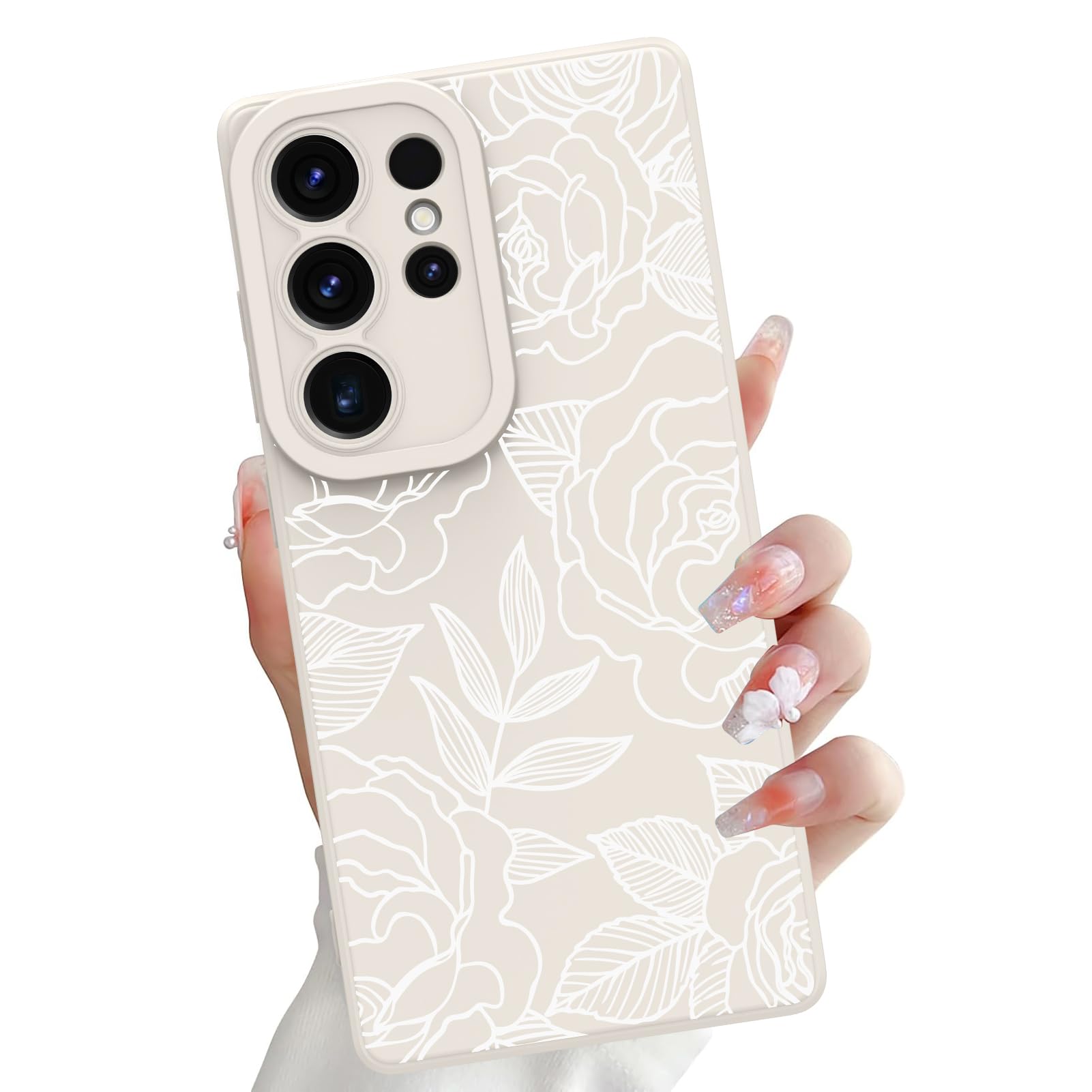Photo 1 of OOK Compatible with Samsung Galaxy S25 Ultra Case, Silicone White Flowers Floral Rose Cute Pattern, TPU Camera Protection Soft Slim Shockproof Phone Cover for Women Girls- White Rose