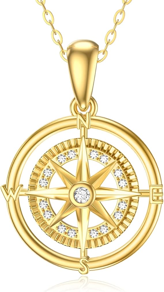 SISGEM 14K Real Yellow Gold Compass Dainty Pendant Necklace