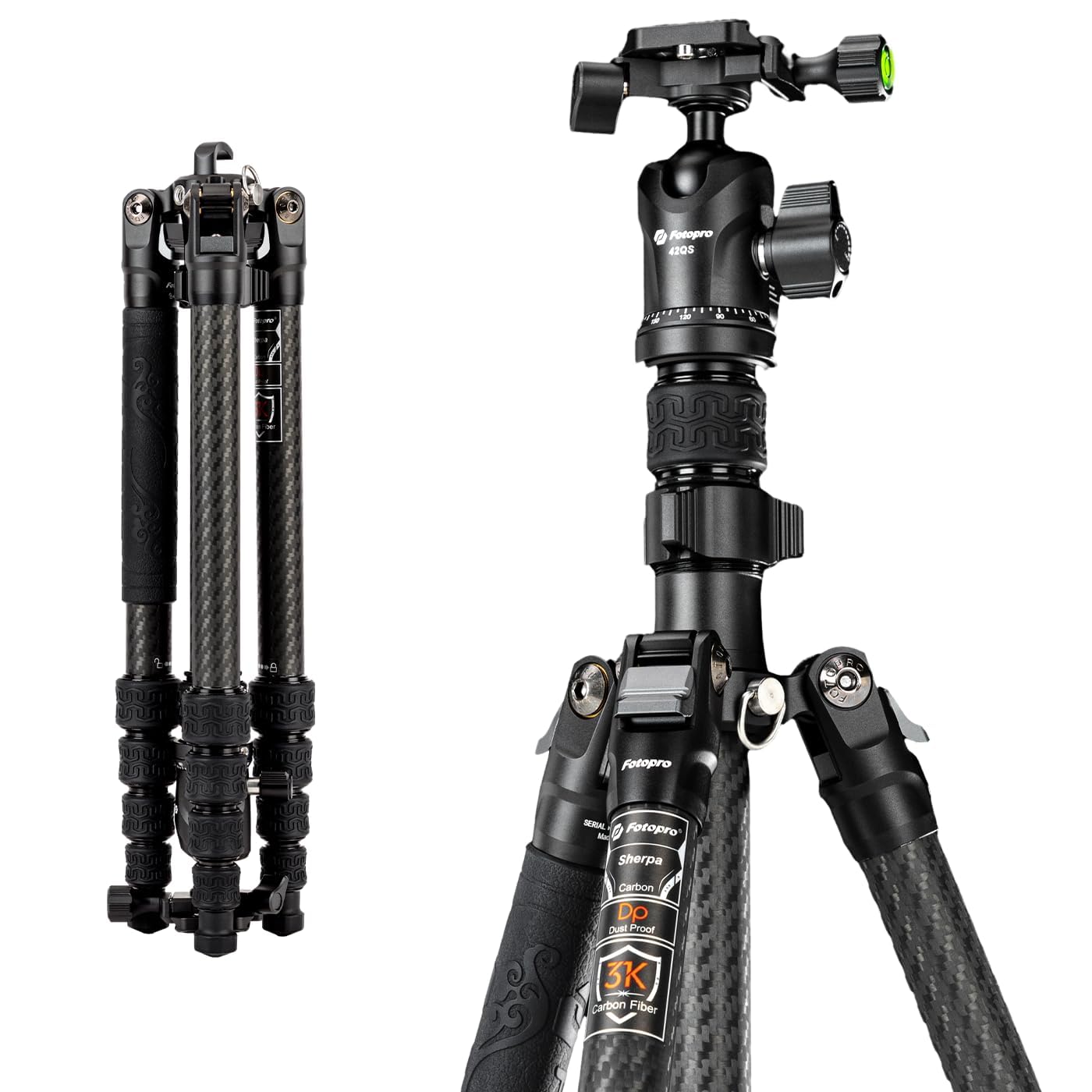 Fotopro 60" Carbon Fiber Tripod, Compact Lightweight Travel Tripod for DSLR Camera, Camera Tripod with Ballhead Quick Release Plate Carry Bag, with Detachable Monopod, Max Load 17.63lb