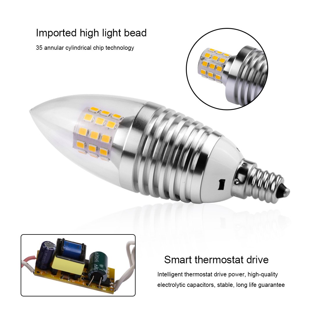 LEDMO LED Candelabra Bulb,7W Daylight White 6000K LED Chandelier Bulbs,Base E12 Non-Dimmable LED Lamp,60-Watt Light Bulbs Equivalent,630 Lumens LED lights(Sharp Tip 6 Pack)