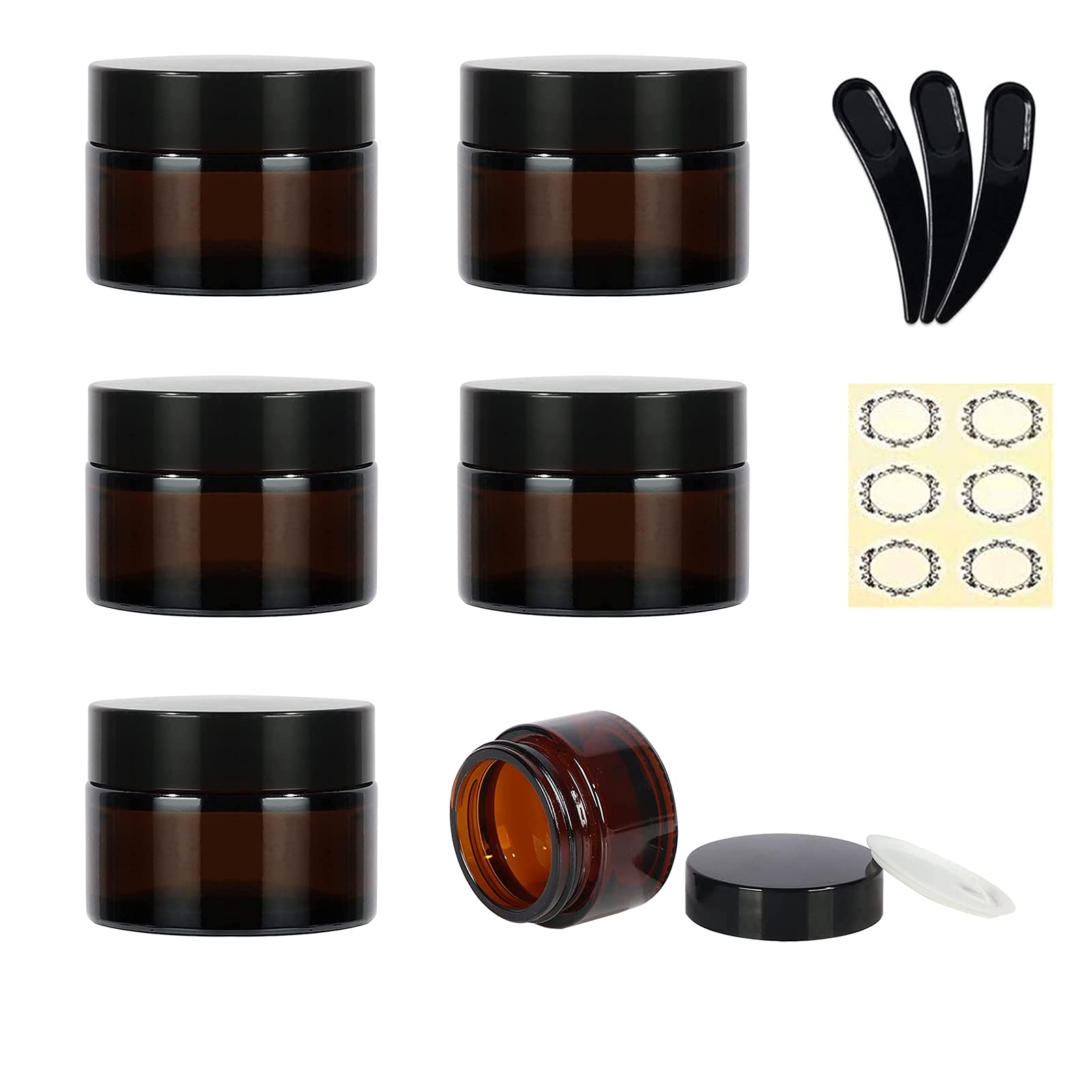 Yalbdopo 6Pcs 5ml / 5g Empty Amber Glass Cosmetic Sample Containers with Black Plastic Lids and Inner Liners - Refillable Mini Travel Pot Jars for Makeup Face Creams Lip Balm Lotion Beauty Nails