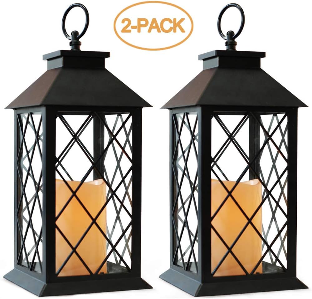 Bright Zeal 2-Pack 14" Vintage Candle Lantern With LED Flickering Flameless Candle (Black, 6hr Timer) - Battery Powered Candle Lantern Outdoor - Decorative Hanging Lantern For Patio - Tabletop Lantern: Home & Kitchen