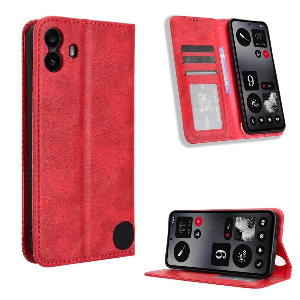 COMAKU Compatible with Nothing CMF Phone 1 Case Leather - Flip Cover Protection magnetic Phone Case wallet with Card Holder - Red