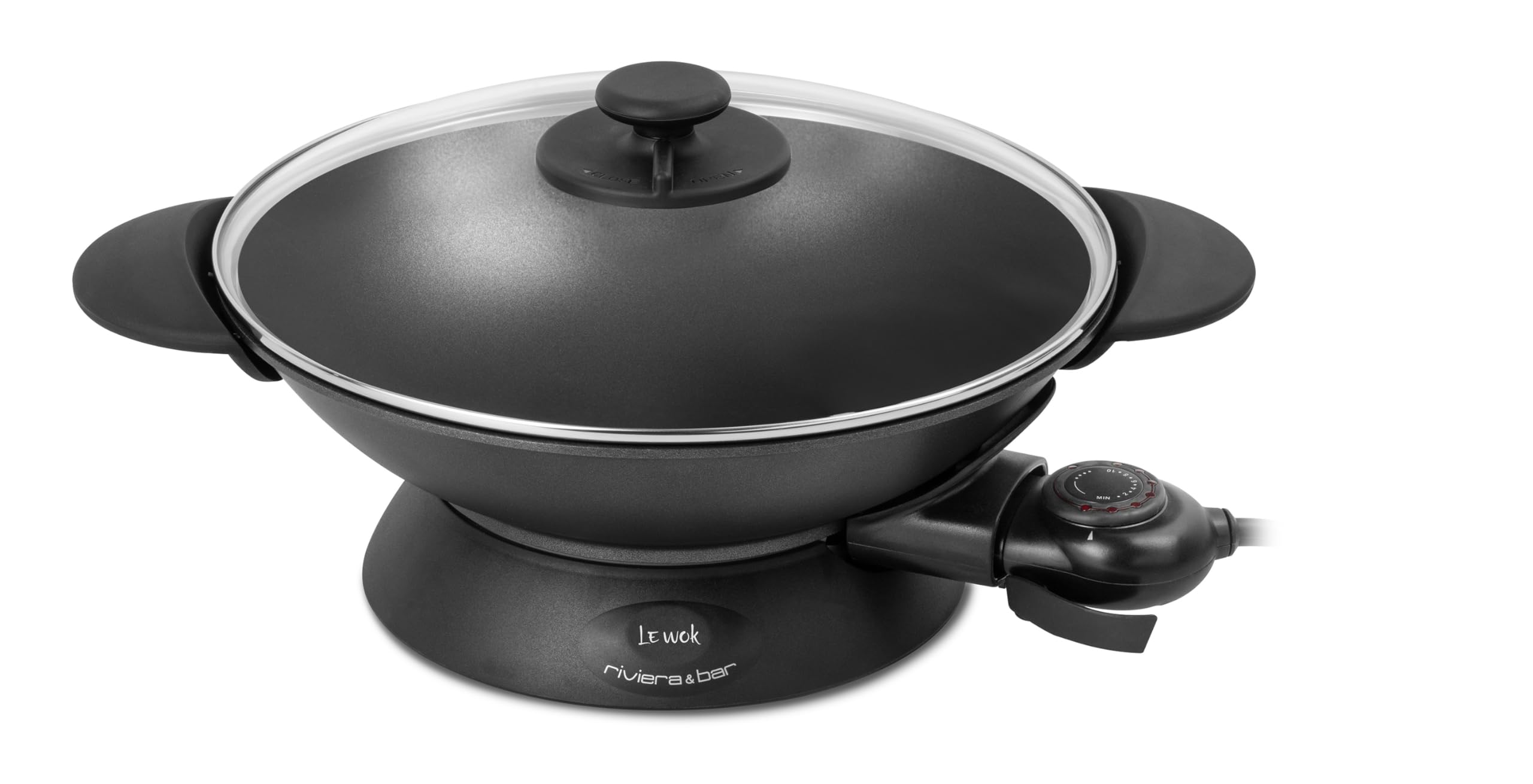riviera&bar Elektrischer Wok Expert 5L - 2200W, Aluminiumguss-Schüssel, Glasdeckel, Einstellbarer Thermostat mit 10 Stufen - Ideal für 8 Personen - Inklusive Zubehör - Leichte Reinigung