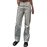 Women's Metallic Shiny Denim Pants Solid Color High Waist Disco Straight Leg Trousers for Party Dance