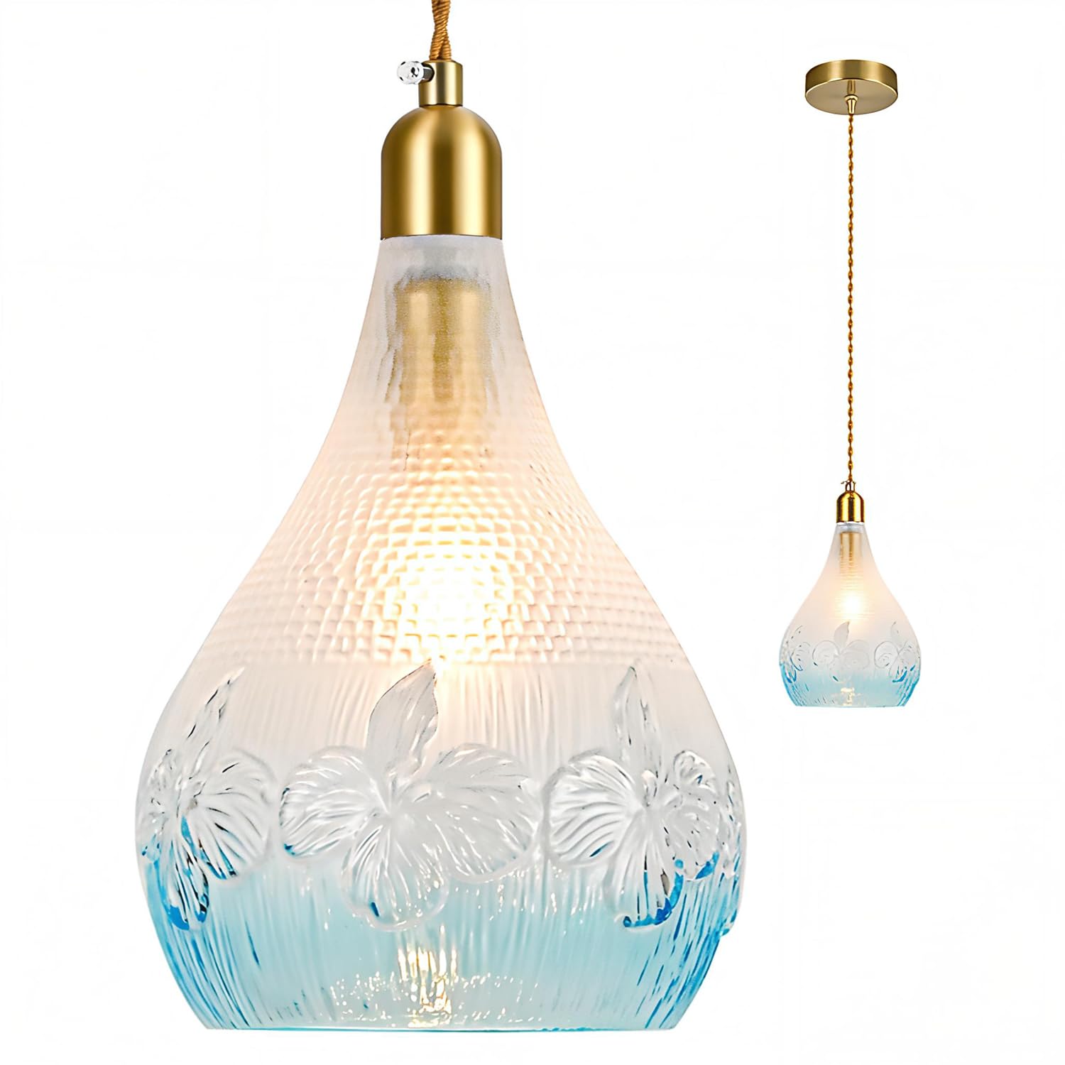 Alrryo Pendant Light with Embossed Flower Glass Shade and Adjustable ...