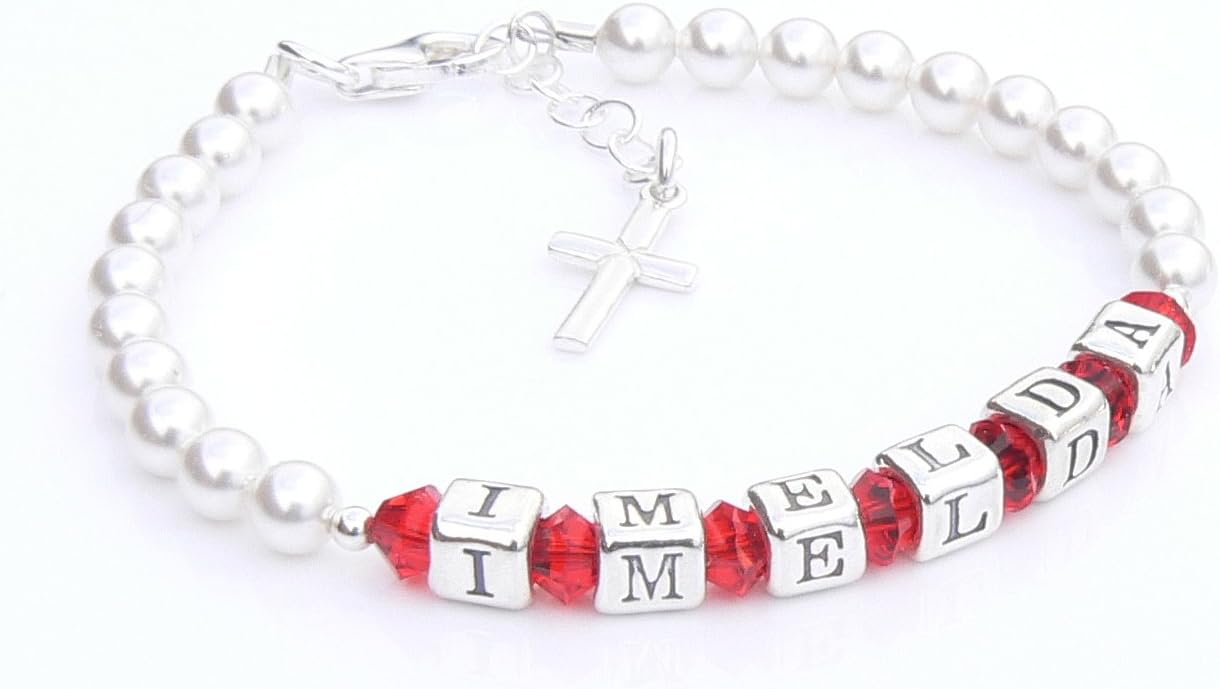 First Holy Communion Bracelet - Silver Name Bracelet - Personalised Box - Crystal Birthstone Ruby - Holy Communion Gifts