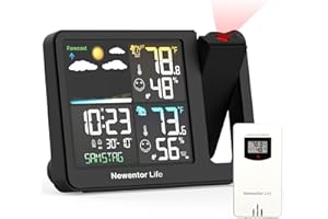 Newentor Projection Alarm Clock, Projection Clock for Bedroom Ceiling, Weather Station Thermometer with Projector Indoor Outdoor TEM&Hum, Forecast, Adjustable Backlight, Black, No Atomic