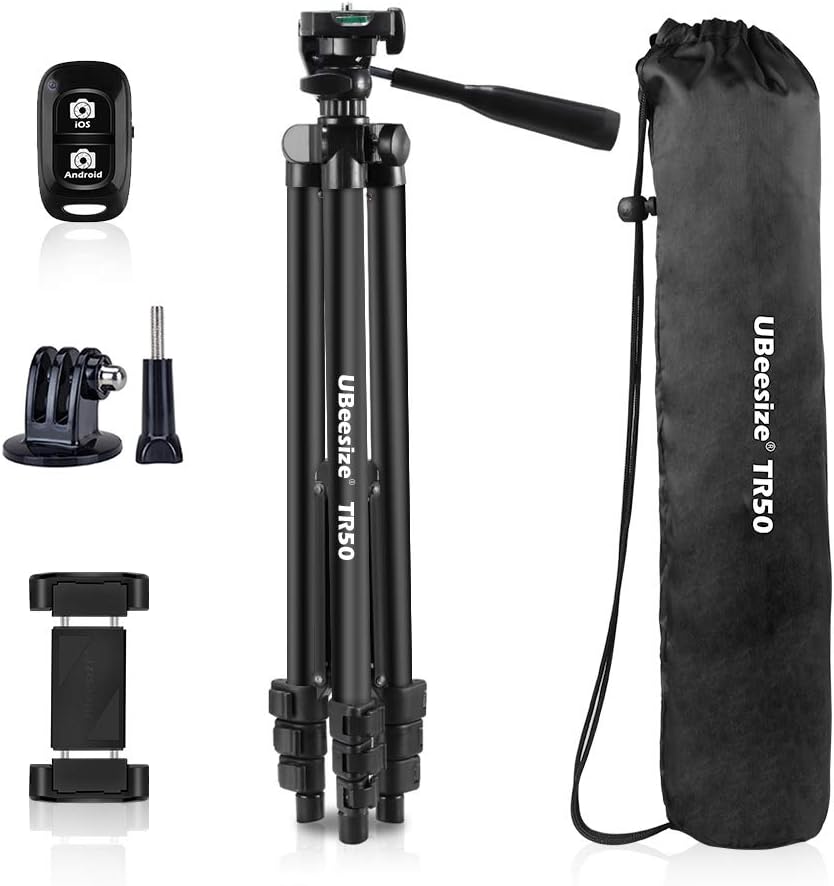 UBeesize Phone Tripod, 51" Adjustable Travel Video Tripod Stand with Cell Phone Mount Holder & Smartphone Bluetooth Remote, Compatible with iPhone/Android (Black)