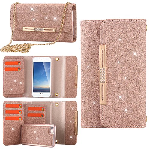 UPC 762360644767, iPhone 7 Case, LONTECT Bling Glitter PU Leather 7 Card Slots Wallet Case Handbag with Detachable Magnetic Back Case &amp; Metal Chain for Apple iPhone 7 - Rose Gold